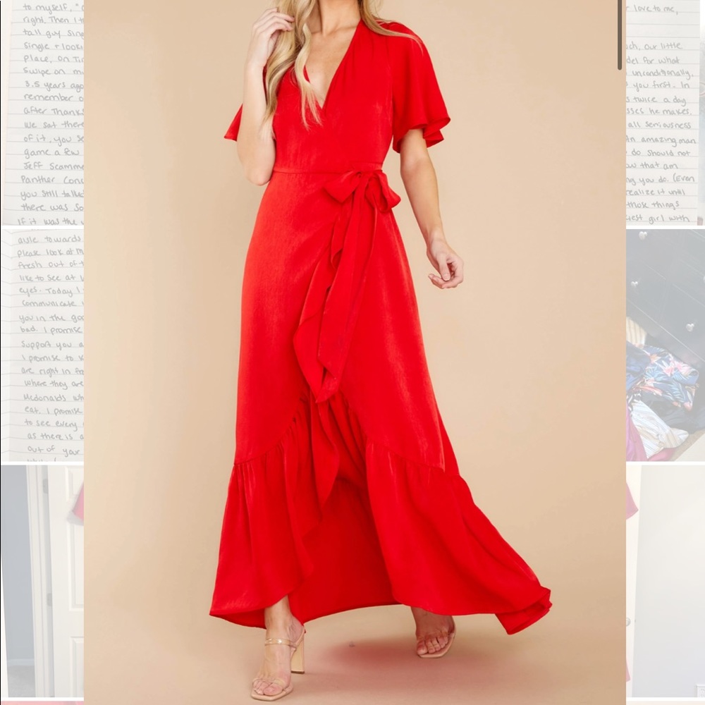 Red Dress Boutique Vibrant Red High-Low Wrap Maxi Dress